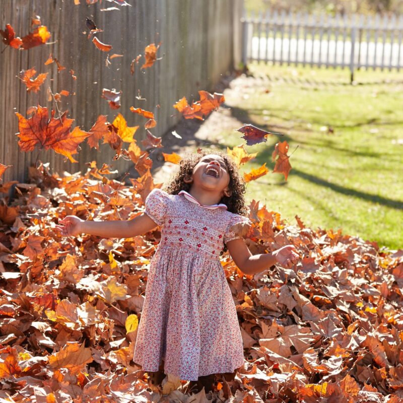 Une fille s'amuse dans les feuilles morte. Elle les fait voler.