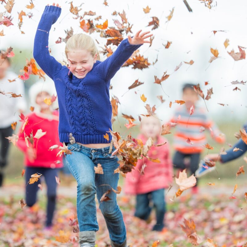 Un groupe d'enfants joue avec des feuilles mortes en extérieur.